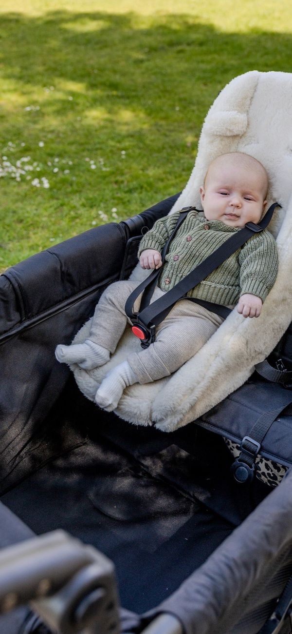 Live view of a Mr Fold stroller wagon with a baby strapped in